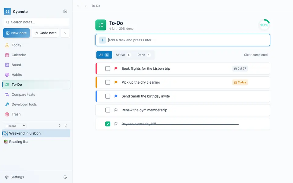 Cyanote demo: ticking to-dos off the list, then typing in a note and opening the slash menu