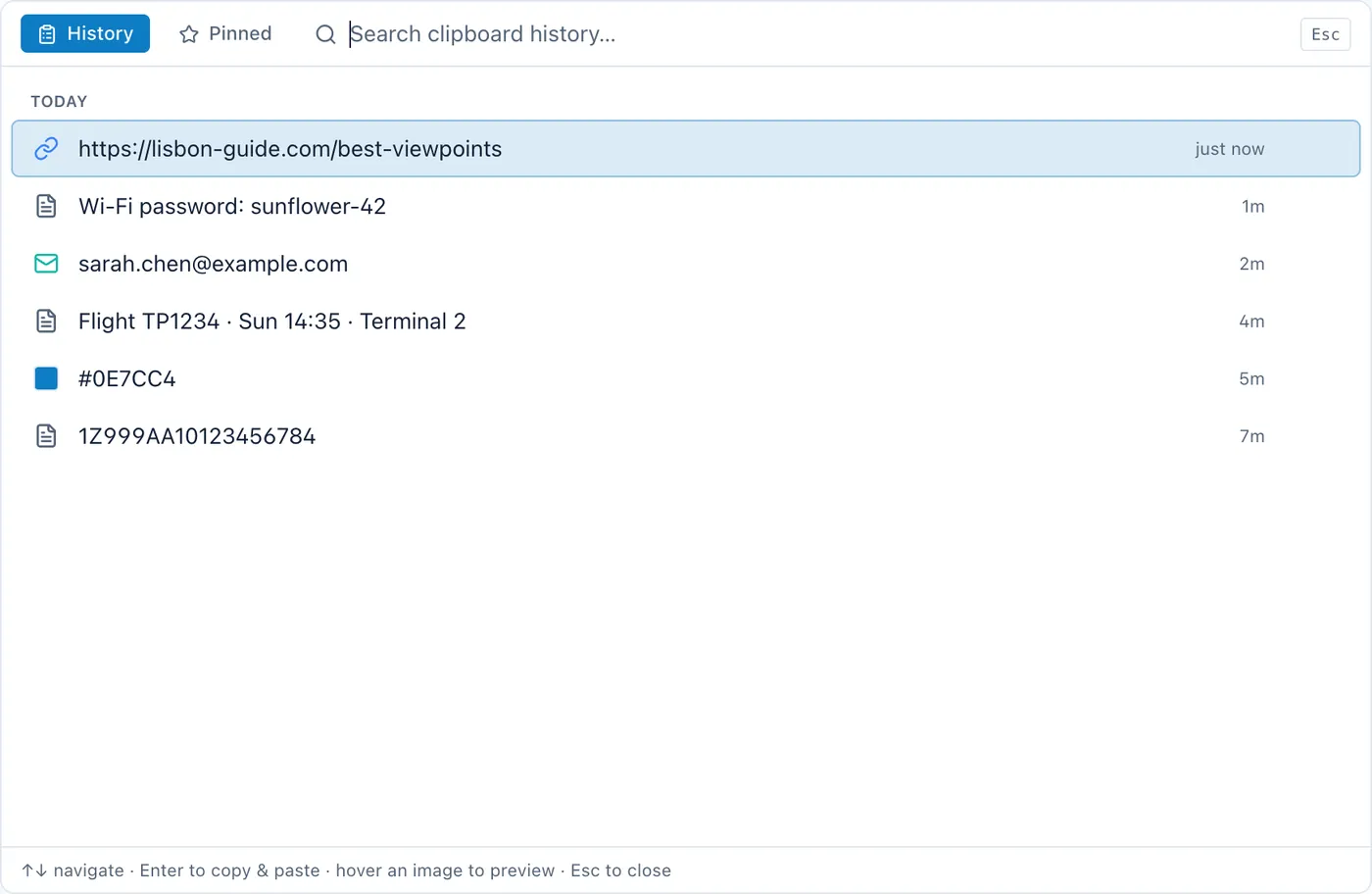 Cyanote clipboard manager showing copy history with smart type icons