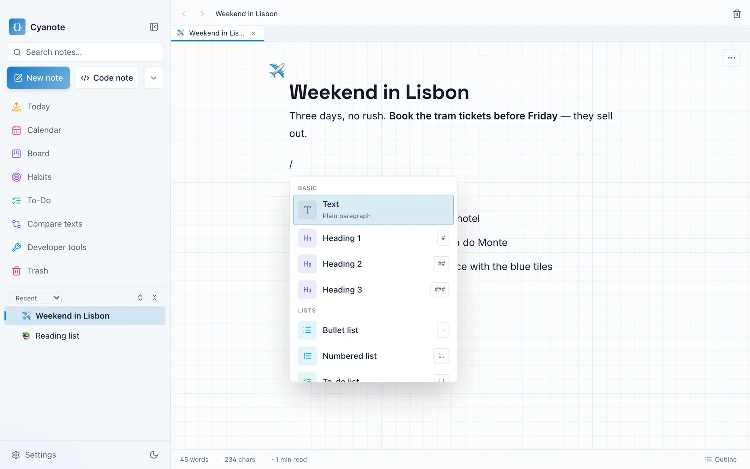 Cyanote note editor with the slash command menu open — insert headings, lists, tables and code