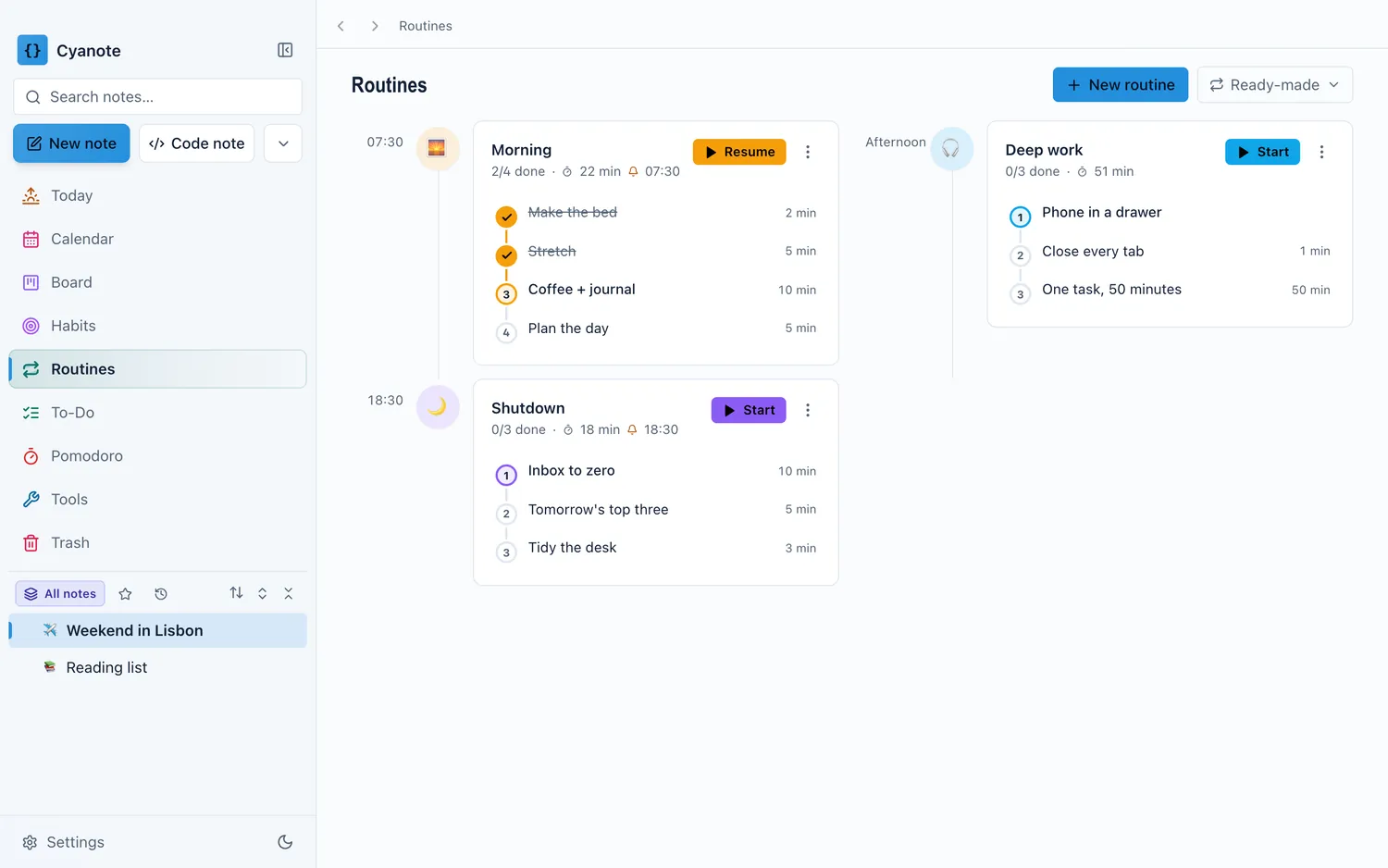 Cyanote's routines and Pomodoro timer, running alongside the day's notes and to-do list
