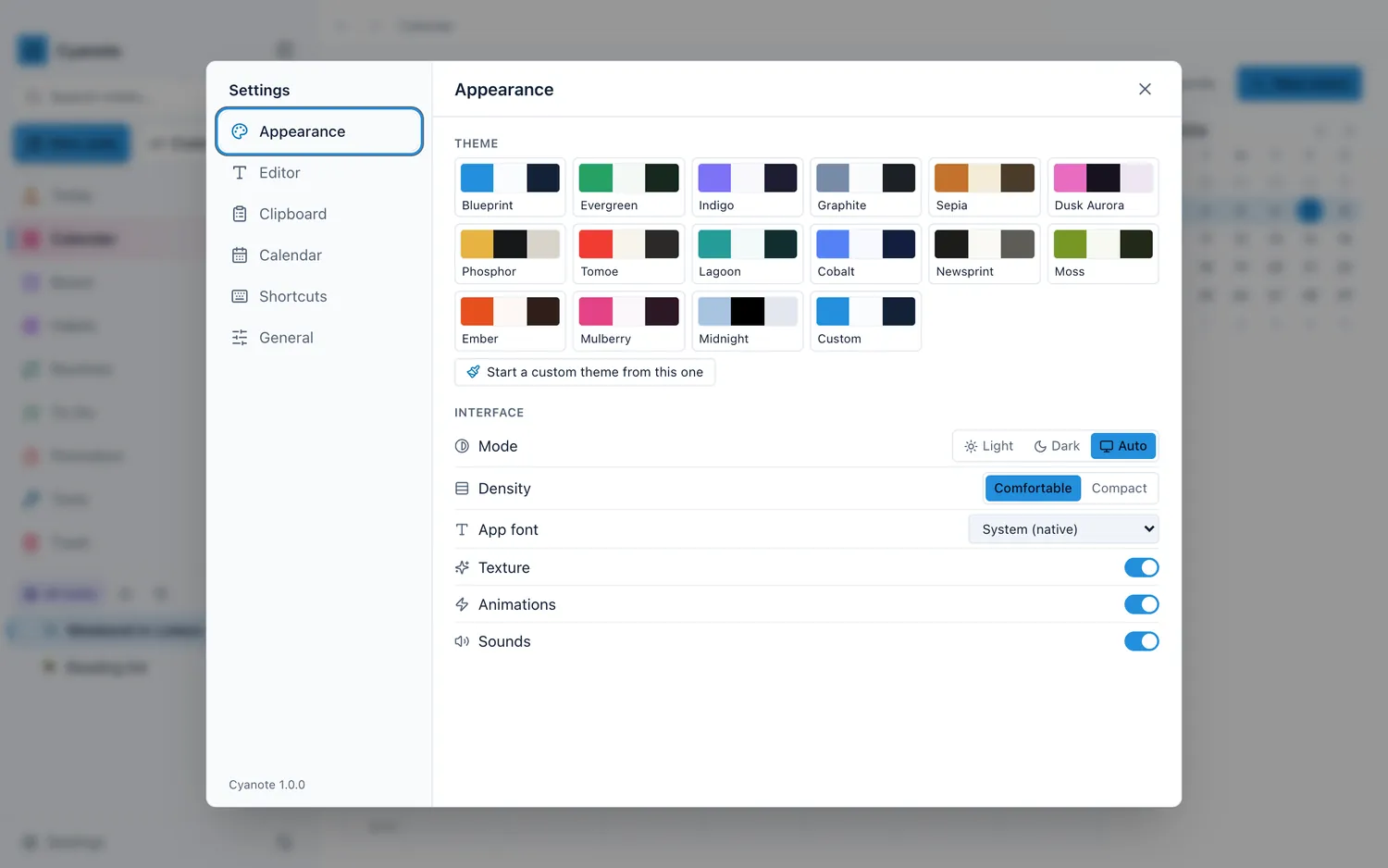 A themes gallery showing light and dark palettes side by side