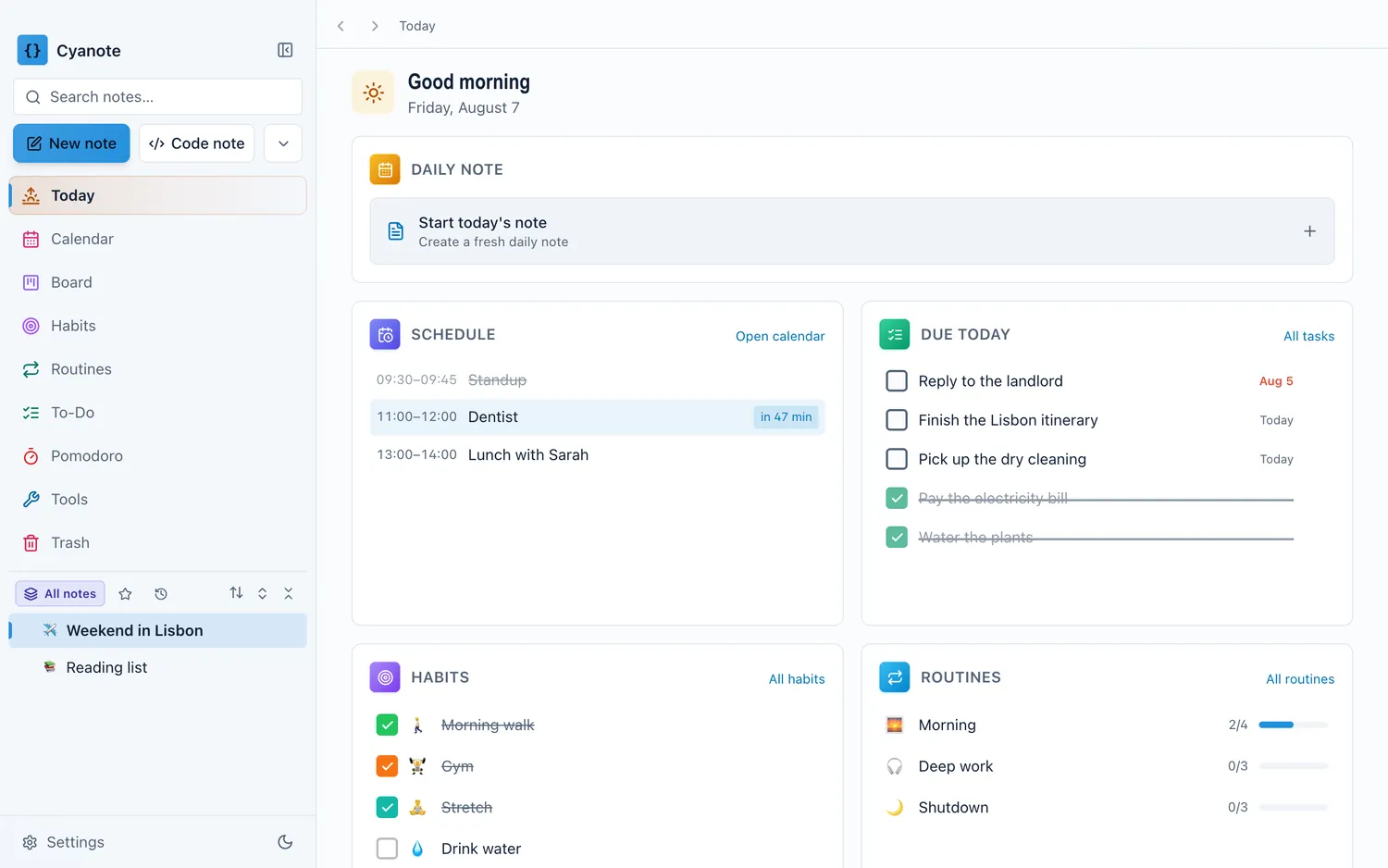 One screen showing the day's schedule, tasks due, habits and routines side by side