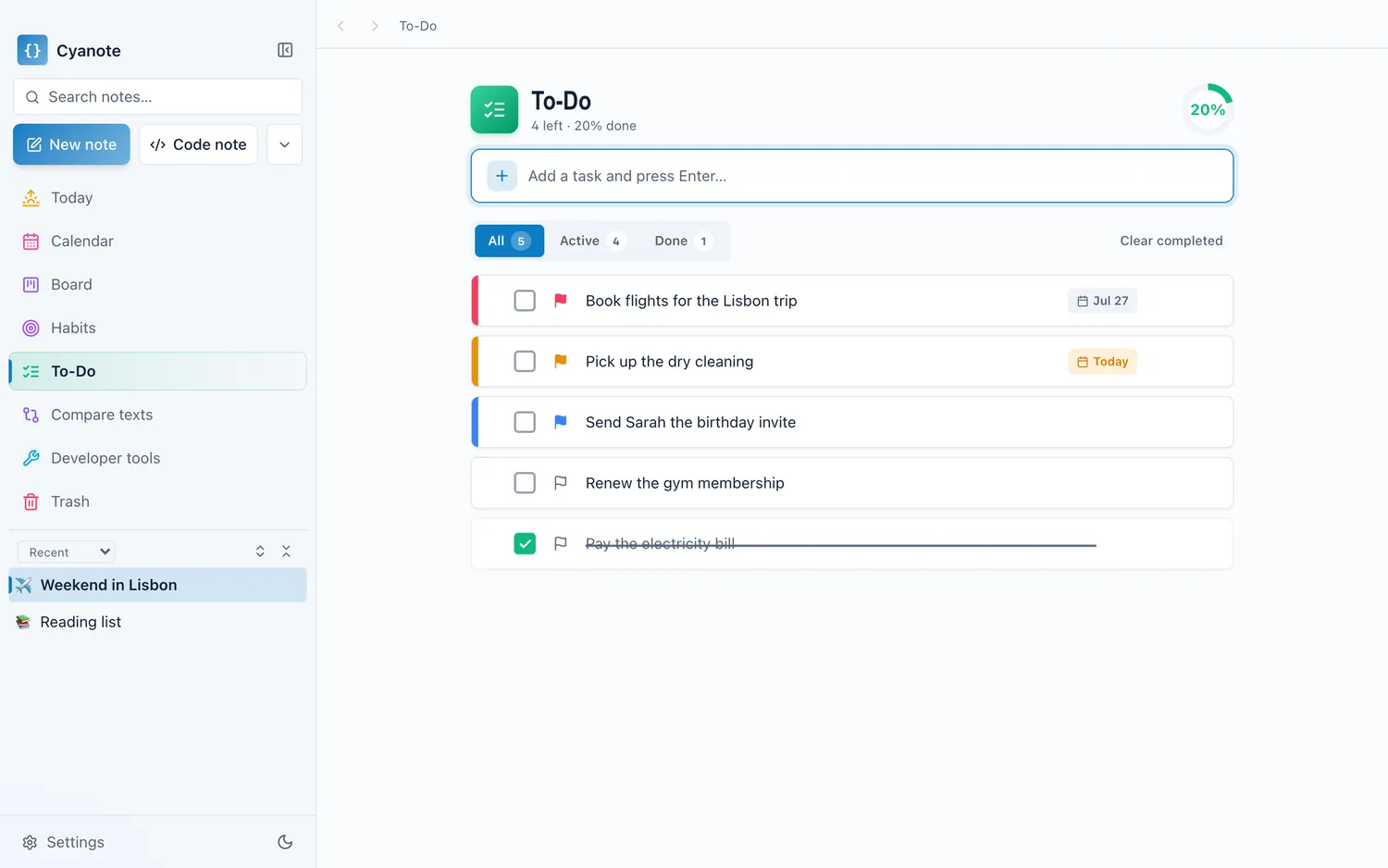 Cyanote To-Do list with colored priorities, due dates and a progress ring